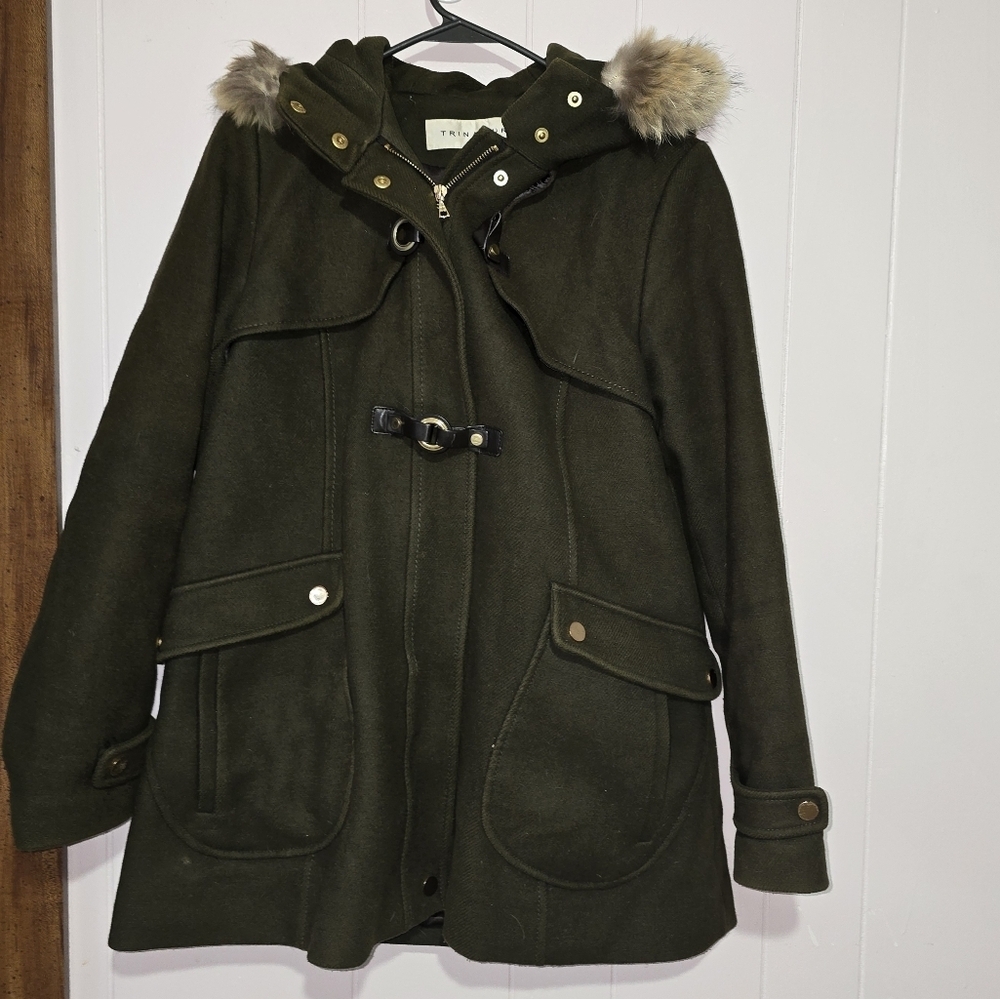 Trina Turk Hunter Green Pea Coat w / real fur hood. Women's 12